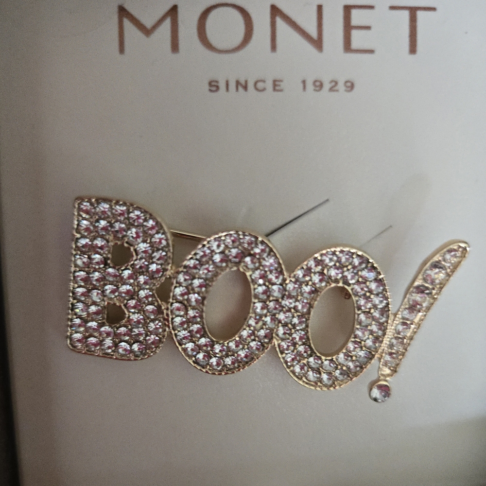 Gold and Rhinestone Crystal 'Boo!' Brooch